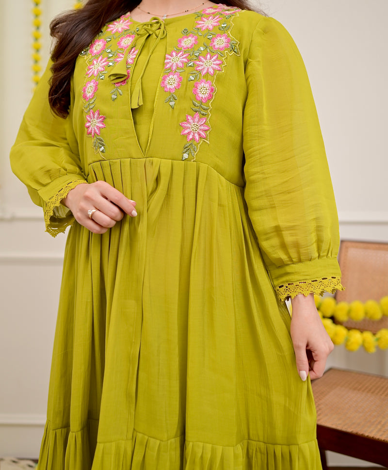 Green Handwork Mul Chanderi A Line Kurta Set