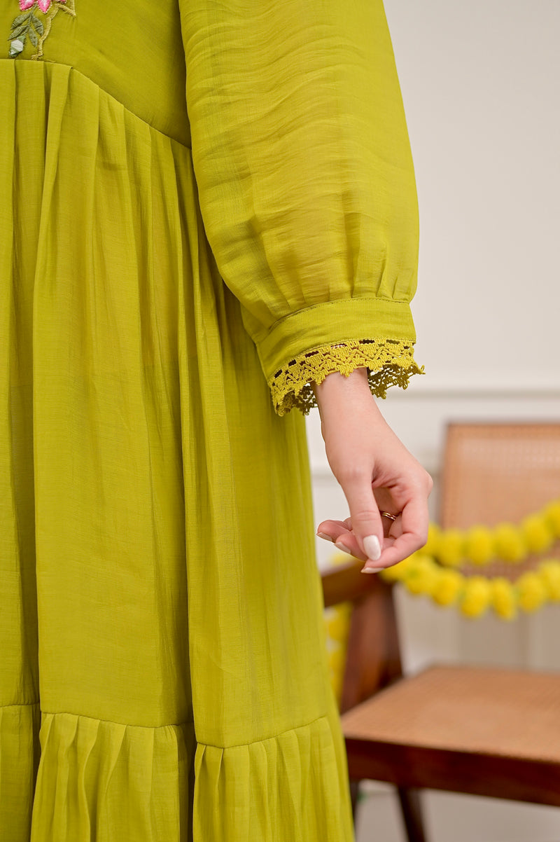 Green Handwork Mul Chanderi A Line Kurta Set