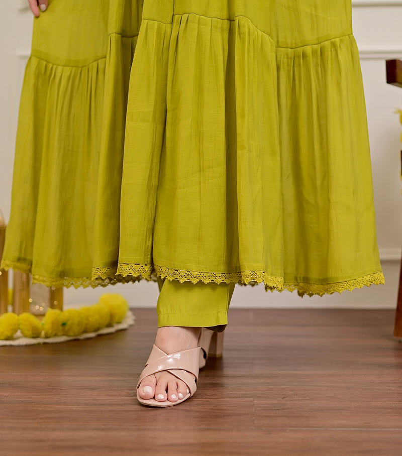 Green Handwork Mul Chanderi A Line Kurta Set