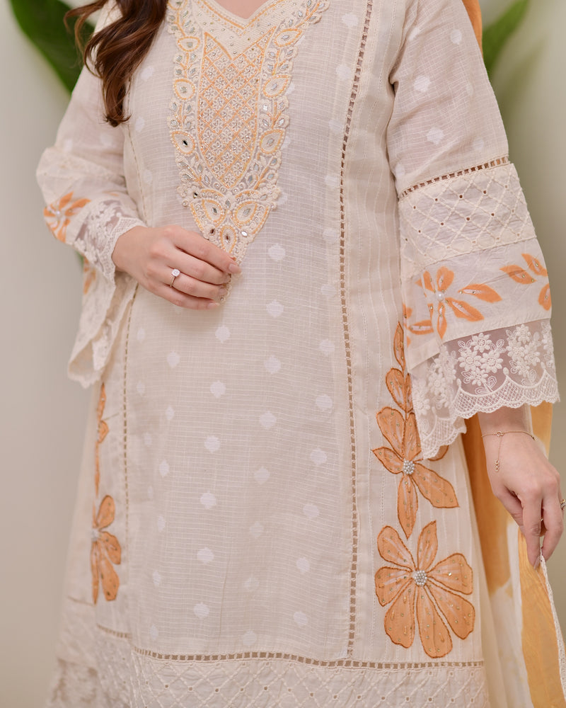 Ivory Mustard A Line Pakistani Handwork Suit