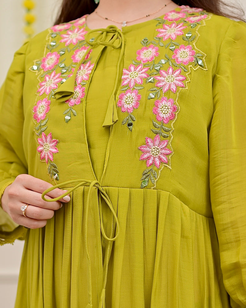 Green Handwork Mul Chanderi A Line Kurta Set