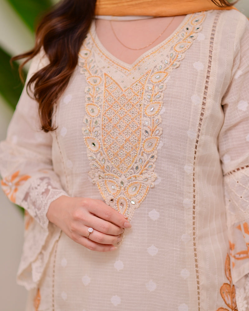 Ivory Mustard A Line Pakistani Handwork Suit