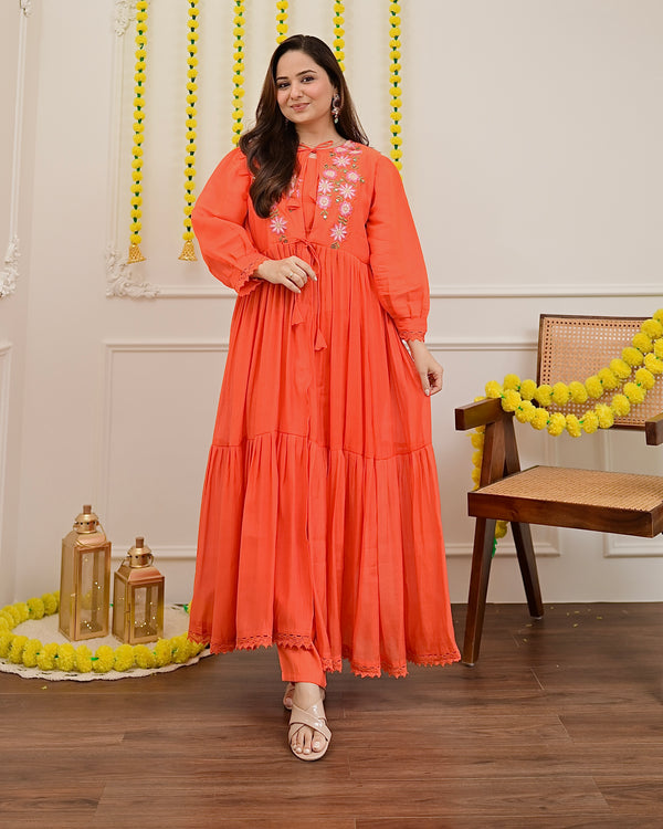 Orange Handwork Mul Chanderi A Line Kurta Set
