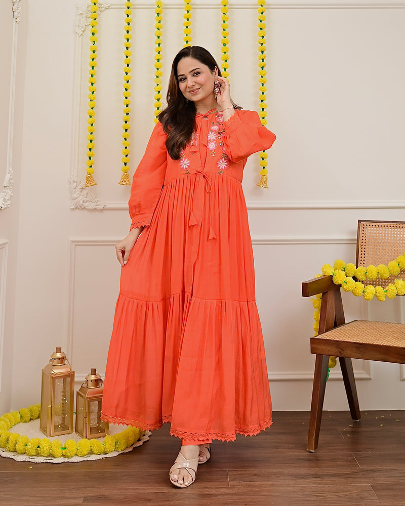 Orange Handwork Mul Chanderi A Line Kurta Set