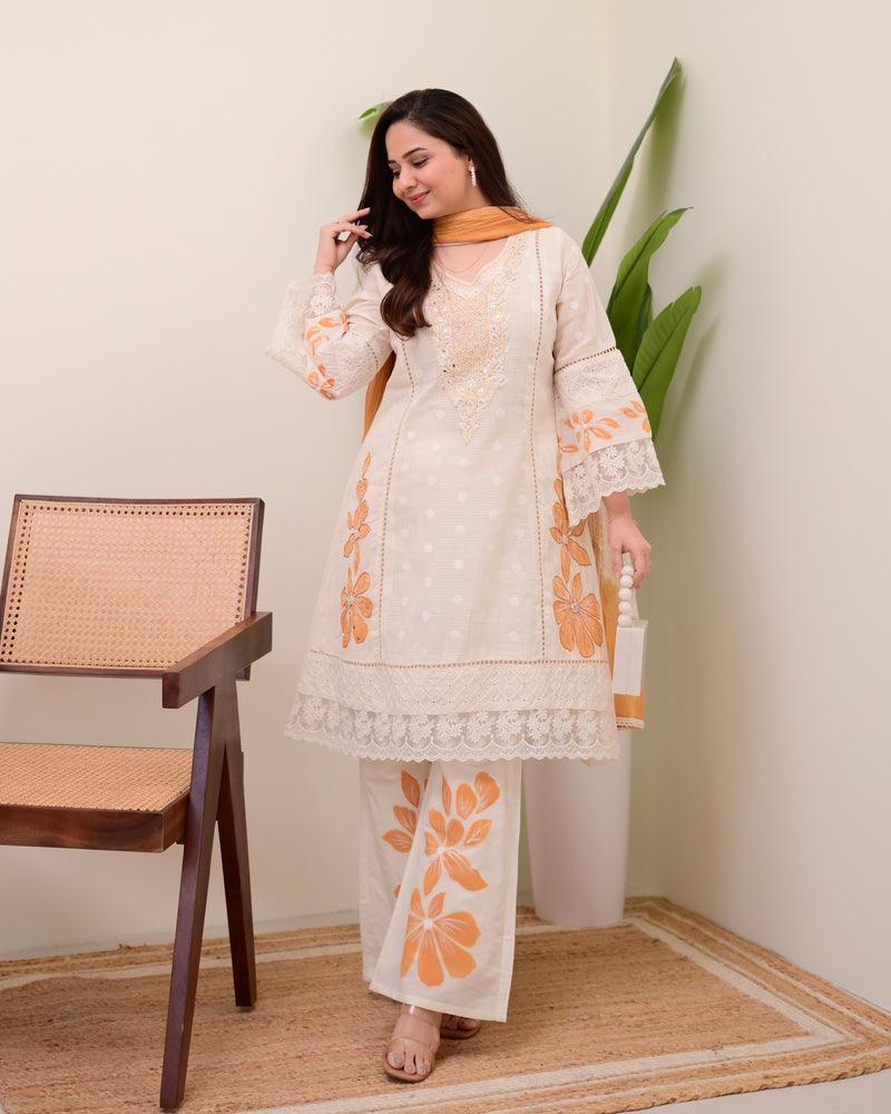 Ivory Mustard A Line Pakistani Handwork Suit