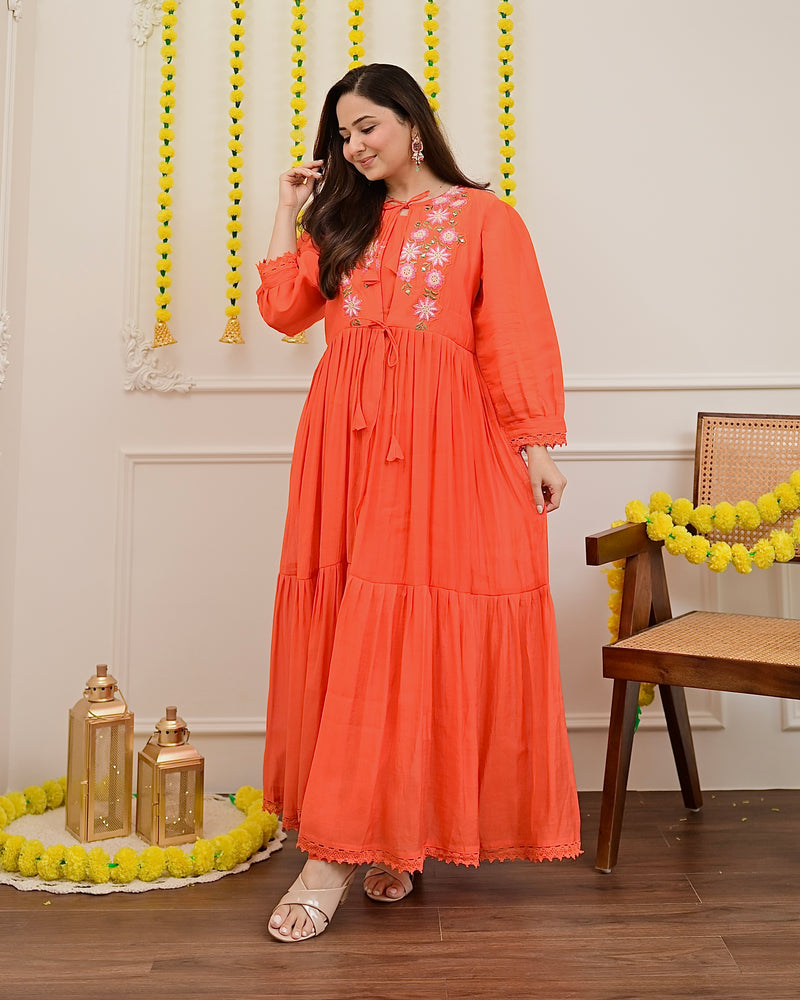Orange Handwork Mul Chanderi A Line Kurta Set