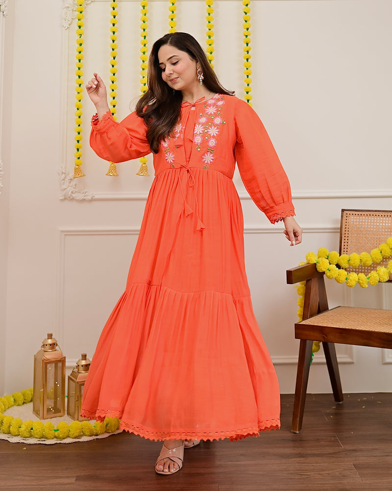 Orange Handwork Mul Chanderi A Line Kurta Set