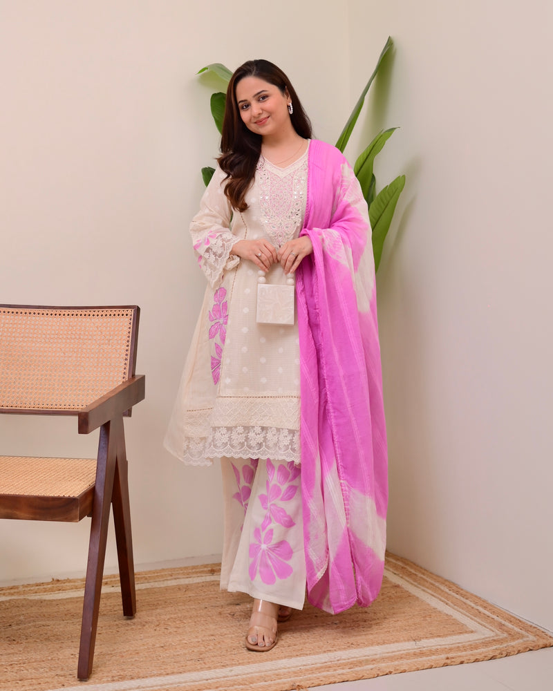 Ivory Lilac A Line Pakistani Handwork Suit