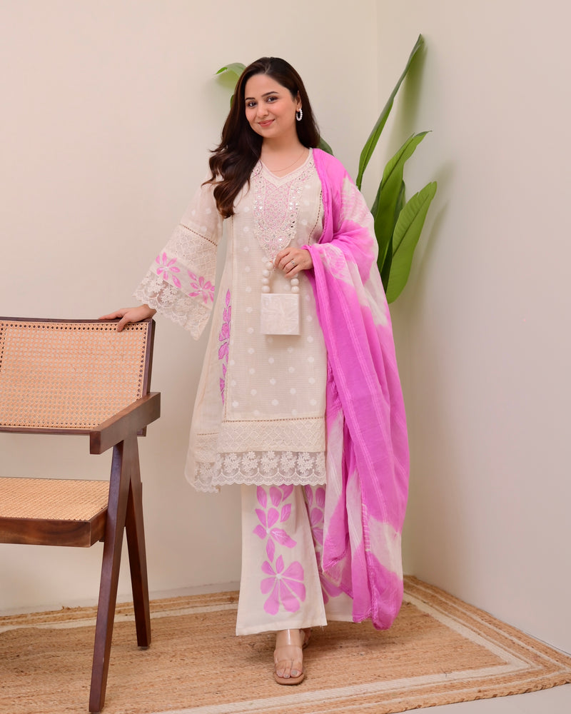 Ivory Lilac A Line Pakistani Handwork Suit