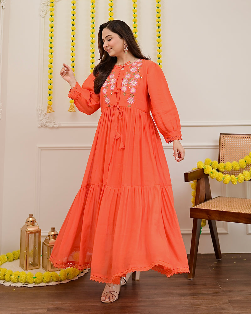 Orange Handwork Mul Chanderi A Line Kurta Set