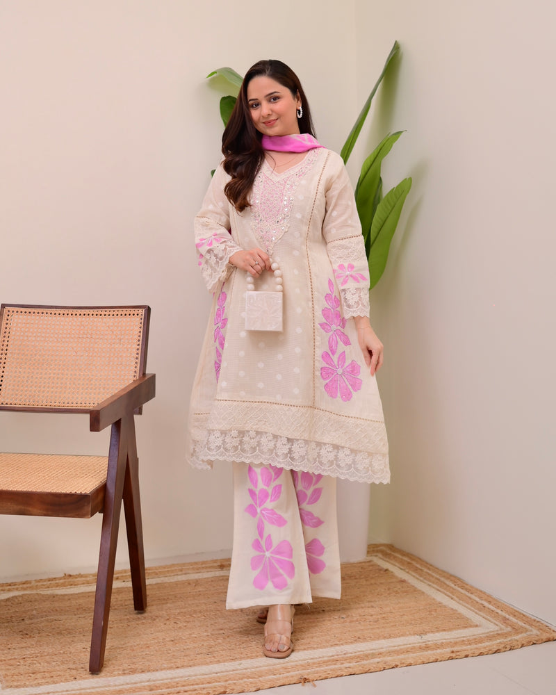 Ivory Lilac A Line Pakistani Handwork Suit