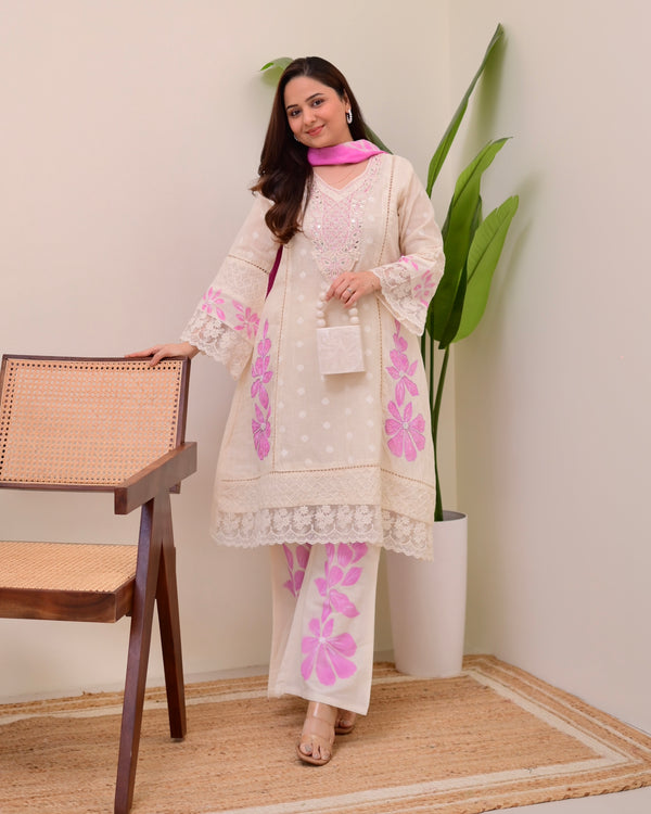 Ivory Lilac A Line Pakistani Handwork Suit