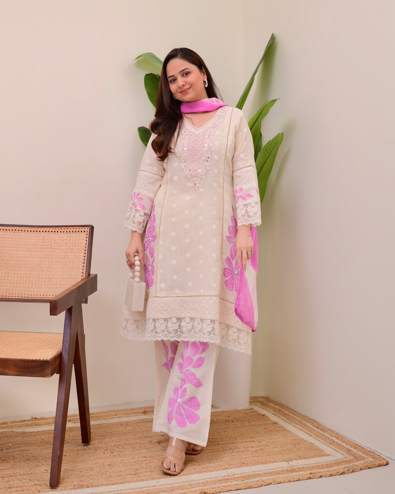 Ivory Lilac A Line Pakistani Handwork Suit