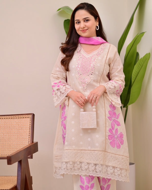 Ivory Lilac A Line Pakistani Handwork Suit