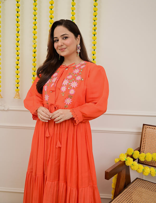 Orange Handwork Mul Chanderi A Line Kurta Set