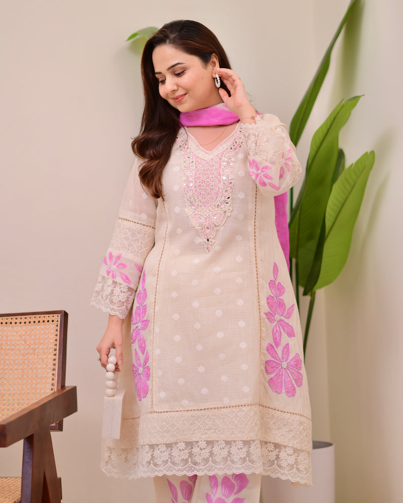 Ivory Lilac A Line Pakistani Handwork Suit