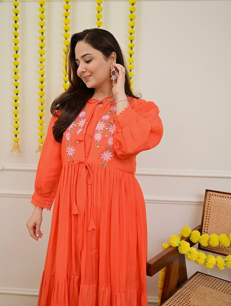 Orange Handwork Mul Chanderi A Line Kurta Set