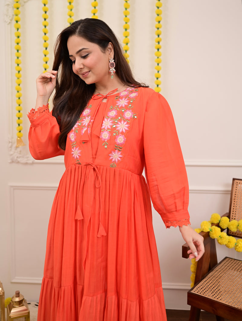 Orange Handwork Mul Chanderi A Line Kurta Set