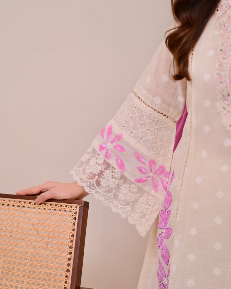 Ivory Lilac A Line Pakistani Handwork Suit