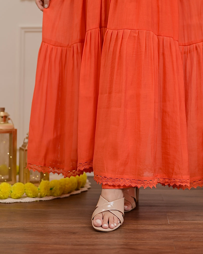 Orange Handwork Mul Chanderi A Line Kurta Set