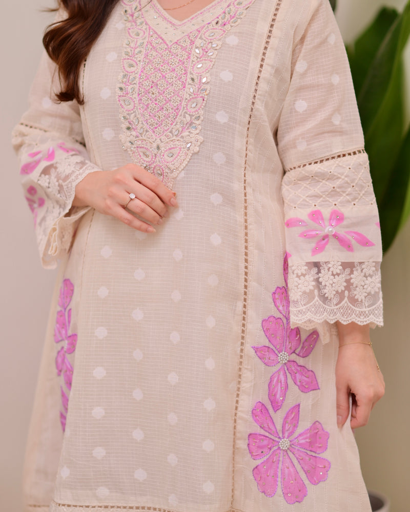 Ivory Lilac A Line Pakistani Handwork Suit