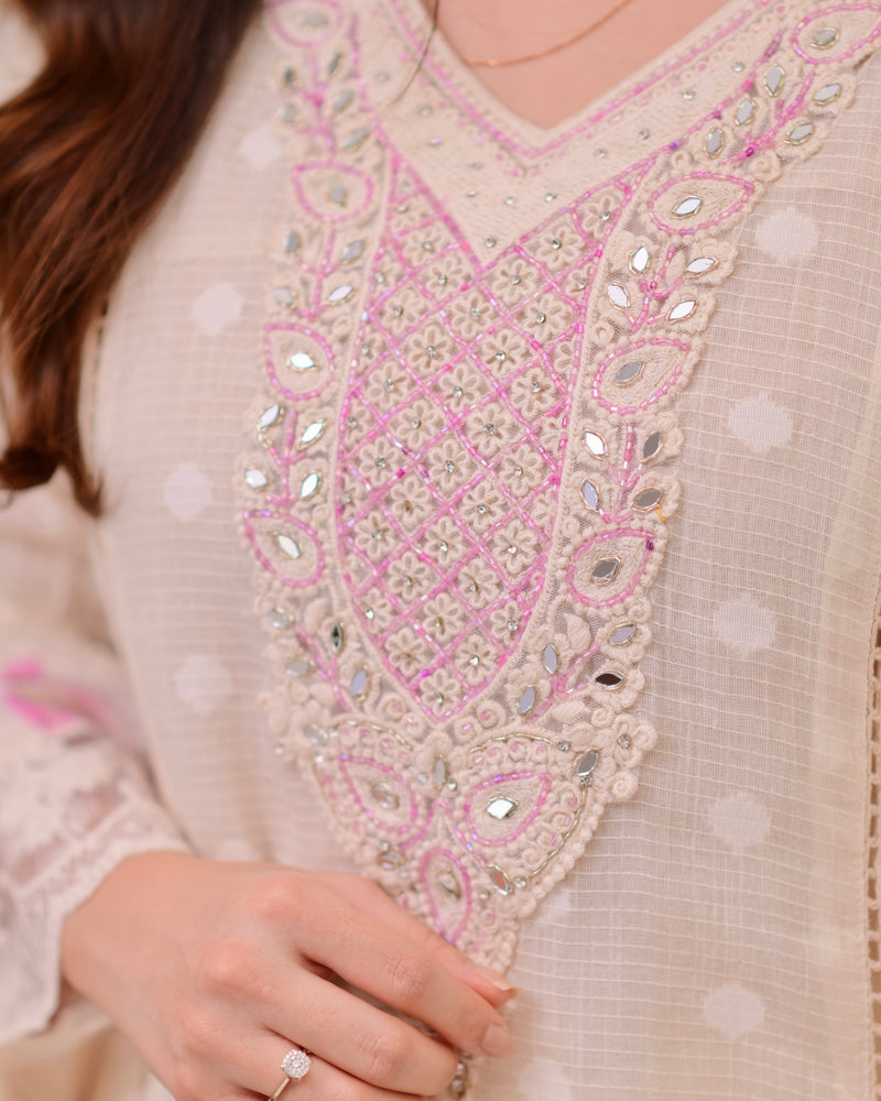 Ivory Lilac A Line Pakistani Handwork Suit