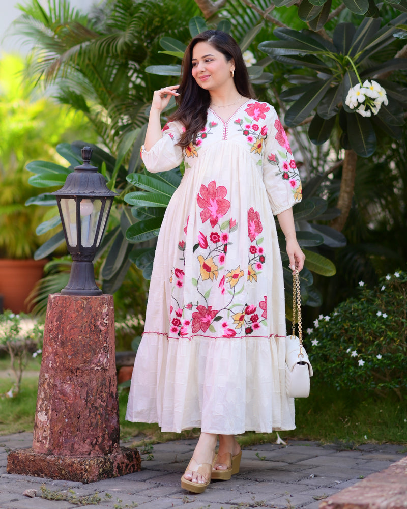 Ivory Red Floral Threadwork Cotton A Line Dress