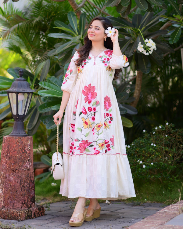 Ivory Red Floral Threadwork Cotton A Line Dress