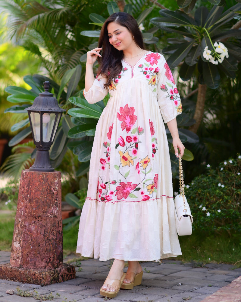 Ivory Red Floral Threadwork Cotton A Line Dress