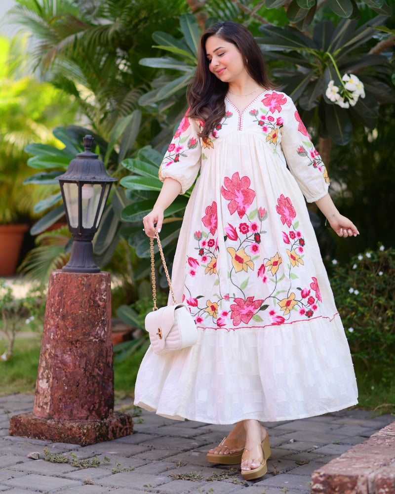Ivory Red Floral Threadwork Cotton A Line Dress