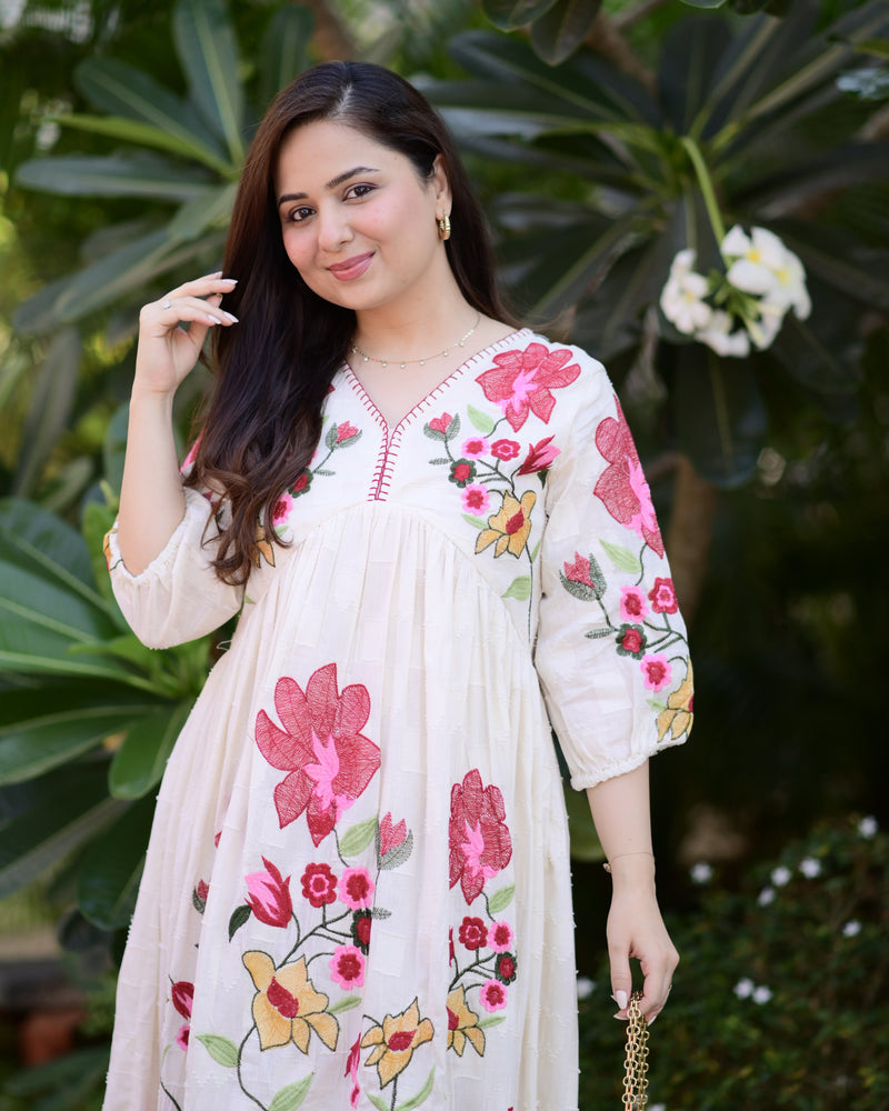 Ivory Red Floral Threadwork Cotton A Line Dress