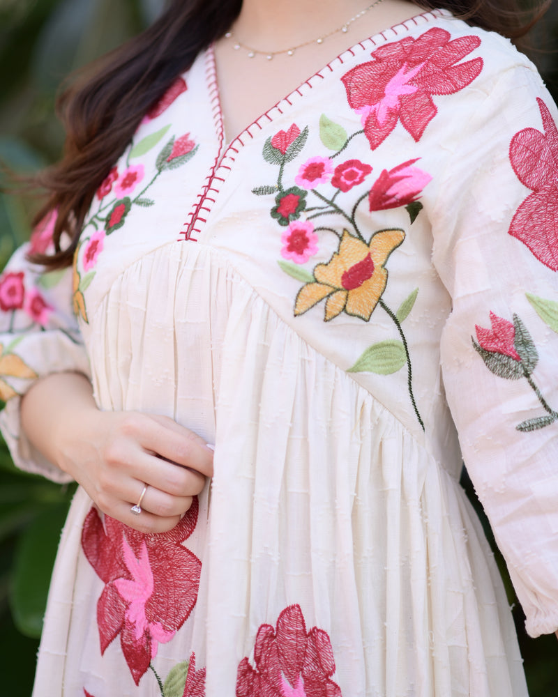 Ivory Red Floral Threadwork Cotton A Line Dress