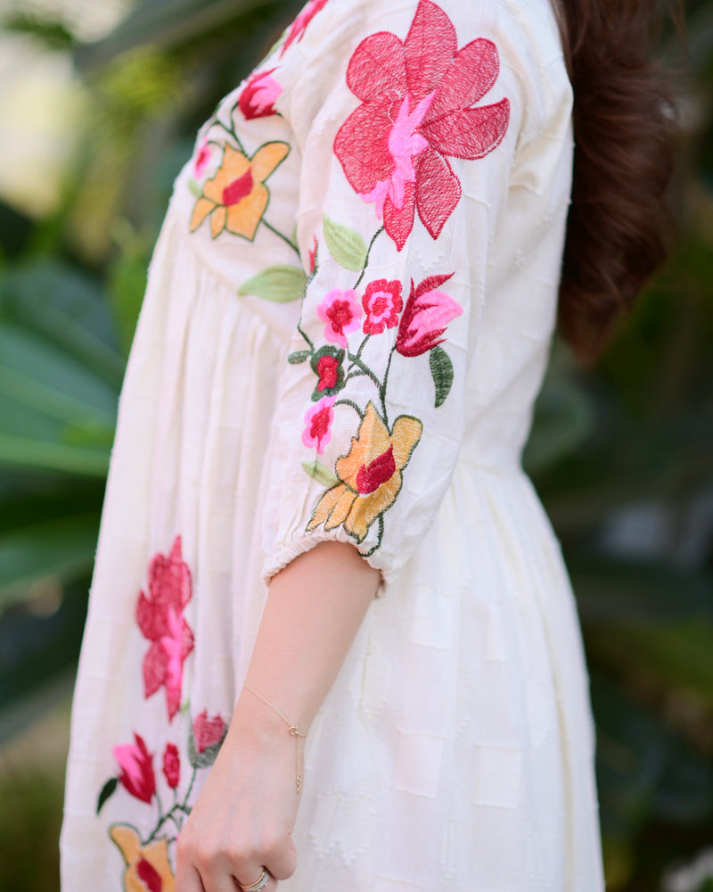 Ivory Red Floral Threadwork Cotton A Line Dress