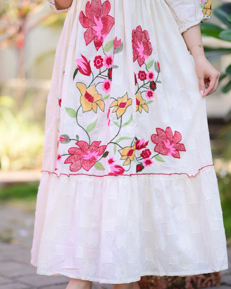white dress with red flowers Ivory Red Floral Embroidered A Line Pure Cotton Maxi Dress For Women – Label Madhuri Thakkar