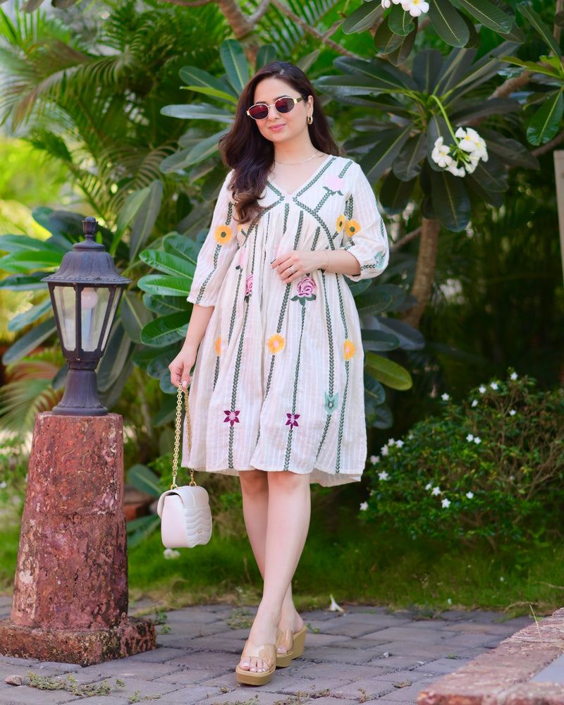 Ivory Green Floral Embroidered Cotton Dress