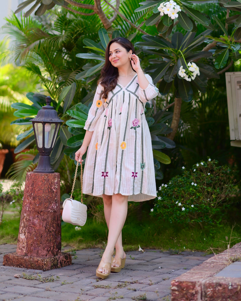 Ivory Green Floral Embroidered Cotton Dress