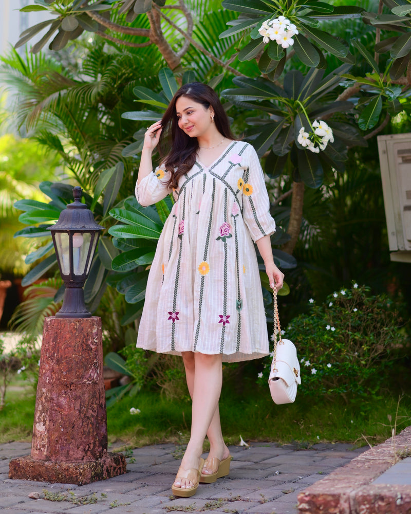Ivory Green Floral Embroidered Cotton Dress