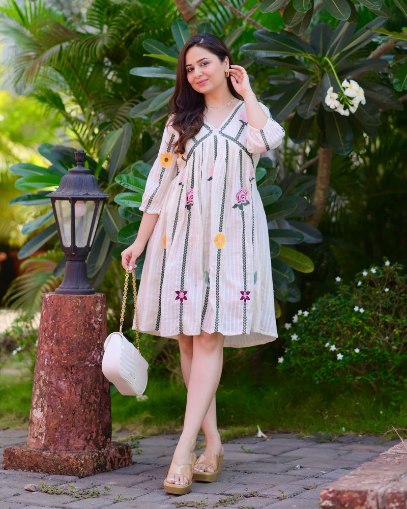 Ivory Green Floral Embroidered Cotton Dress