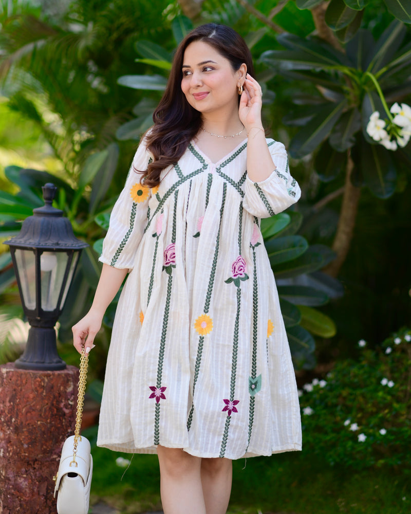 Ivory Green Floral Embroidered Cotton Dress