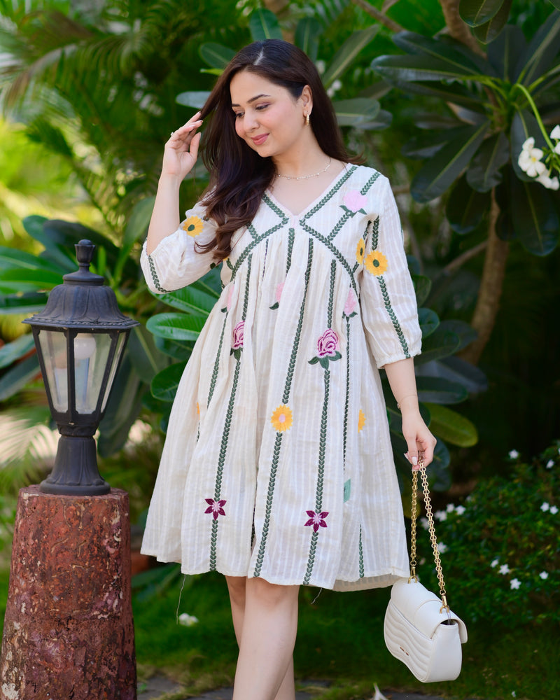 Ivory Green Floral Embroidered Cotton Dress