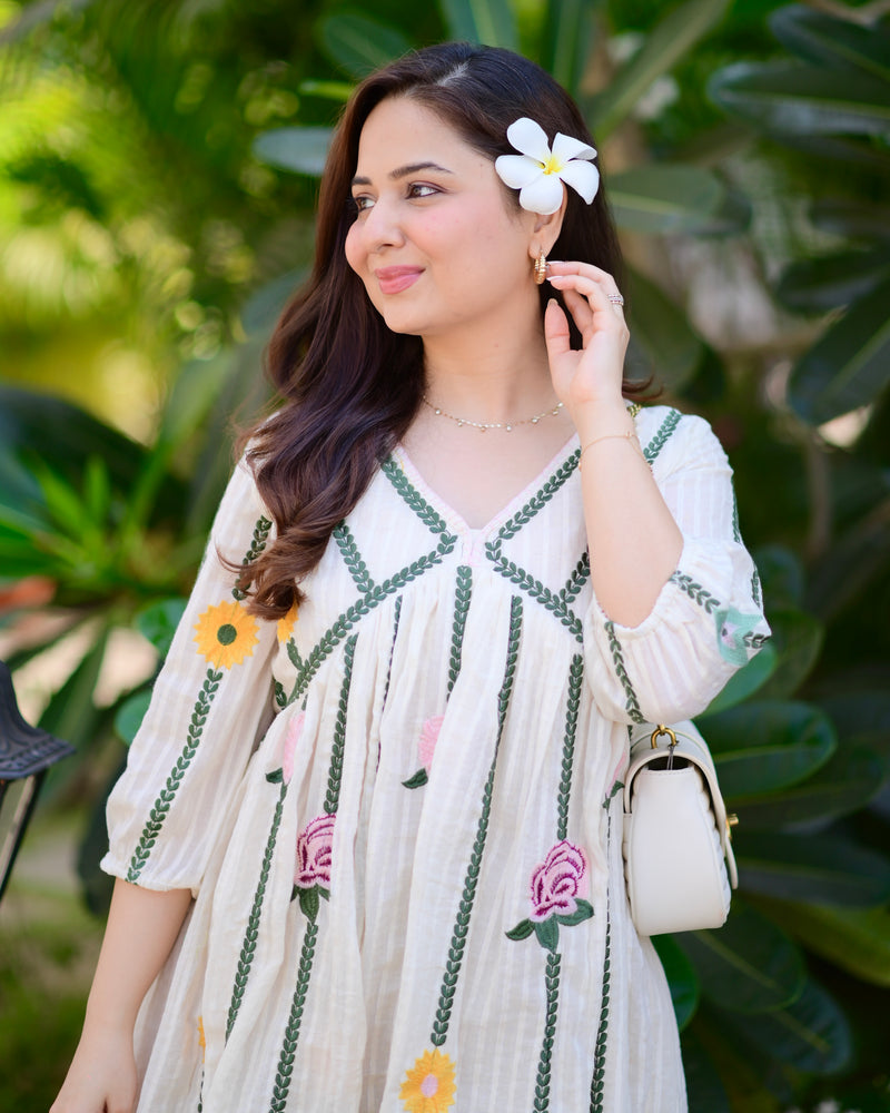 Ivory Green Floral Embroidered Cotton Dress