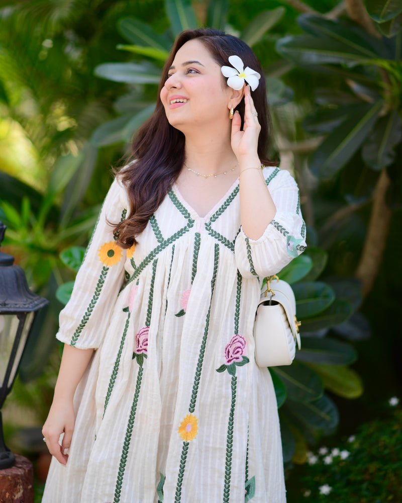 Ivory Green Floral Embroidered Cotton Dress