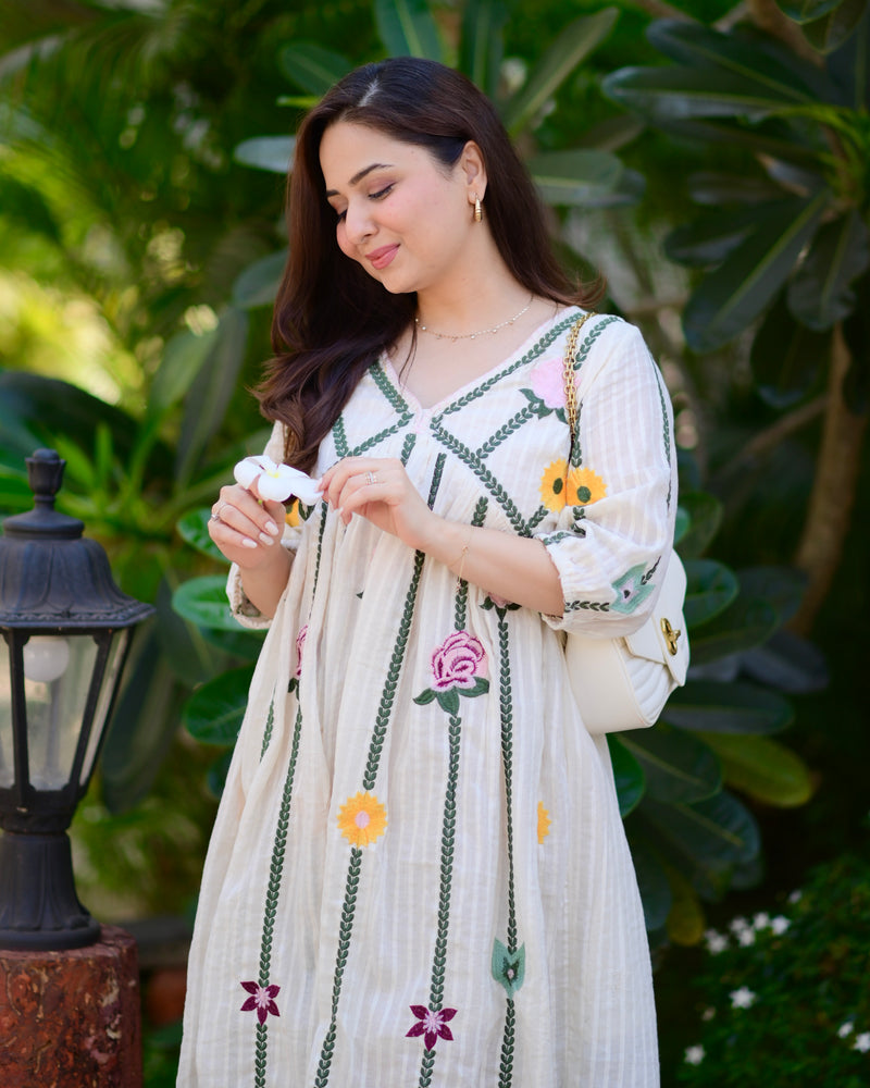 Ivory Green Floral Embroidered Cotton Dress