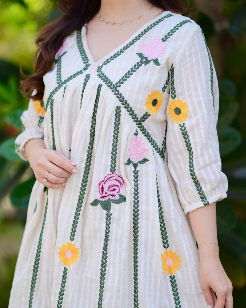 Ivory Green Floral Embroidered Cotton Dress