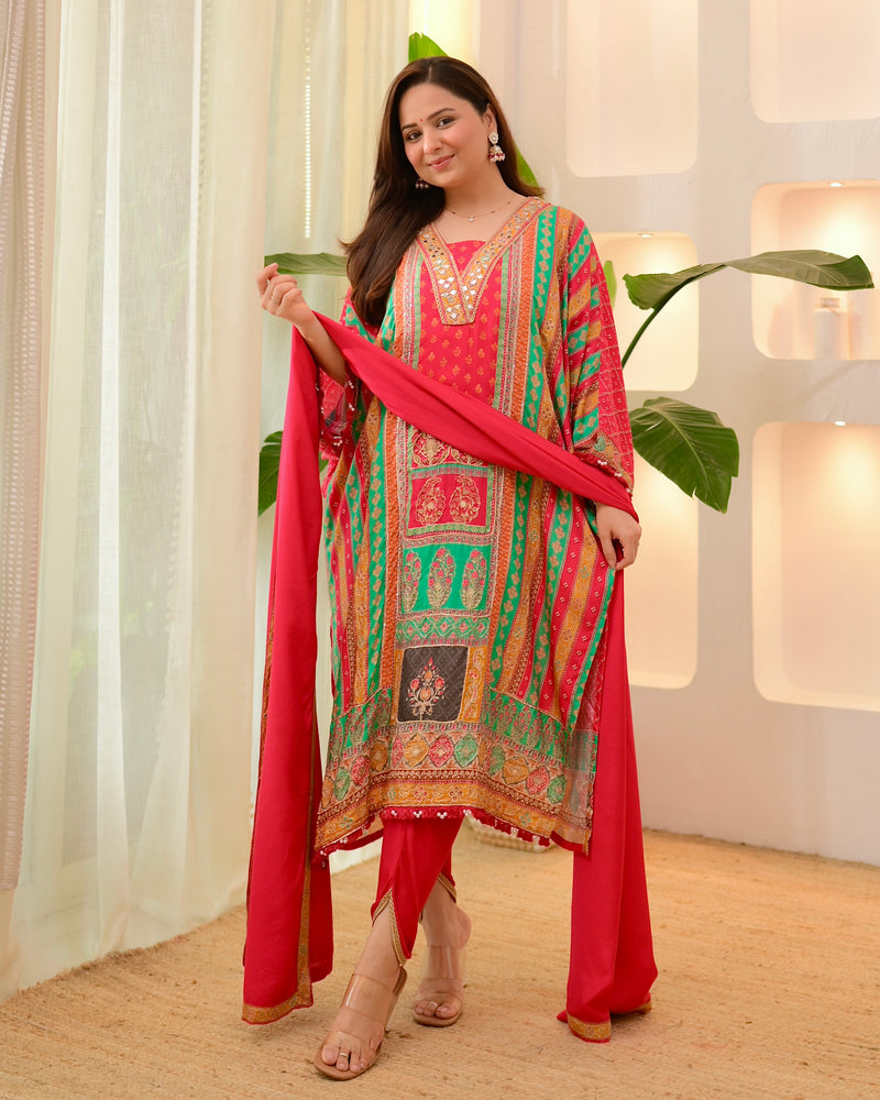 Red Rani Patch Handwork Tulip Muslin Kaftan Suit