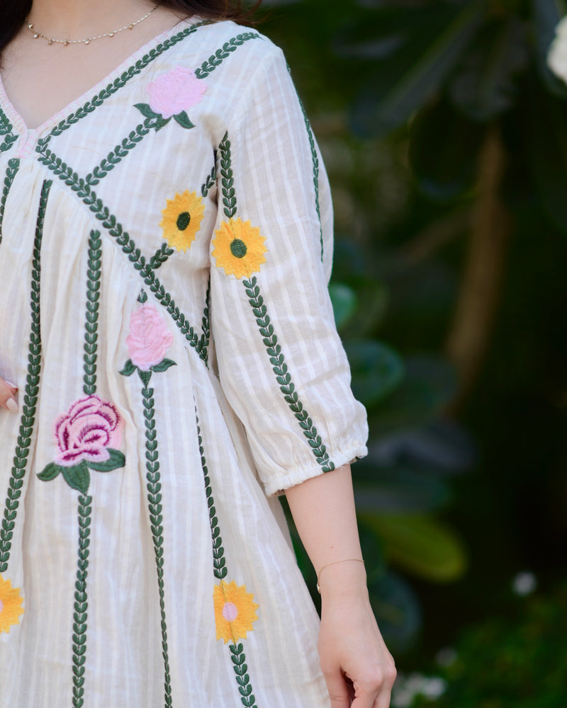 Ivory Green Floral Embroidered Cotton Dress