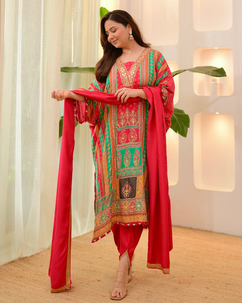 Red Rani Patch Handwork Tulip Muslin Kaftan Suit