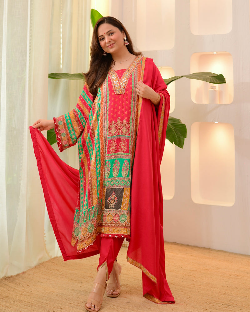 Red Rani Patch Handwork Tulip Muslin Kaftan Suit