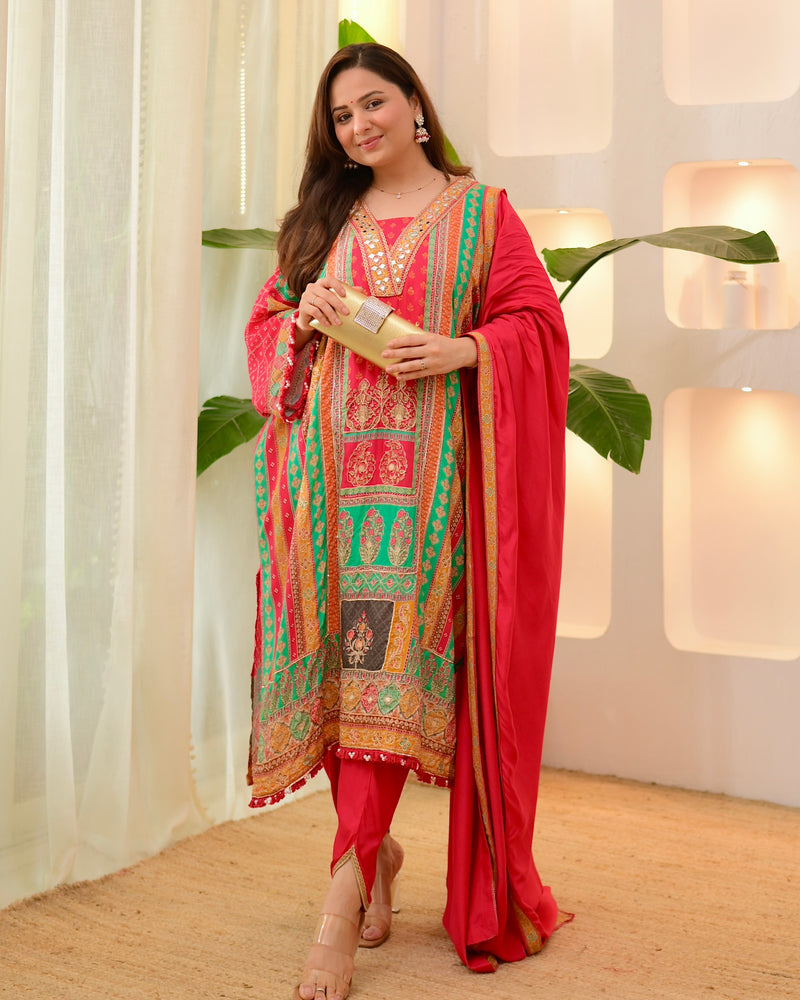 Red Rani Patch Handwork Tulip Muslin Kaftan Suit