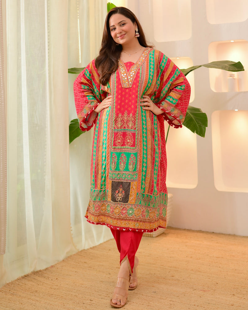 Red Rani Patch Handwork Tulip Muslin Kaftan Suit